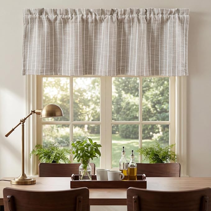 DriftAway Stripe Blackout Linen Curtain Valance Double Layer Farmhouse Country Rustic Hygge Stripe Yarn Dyed Woven Thermal Insulated Rod Pocket Valance W52 x L18 Beige