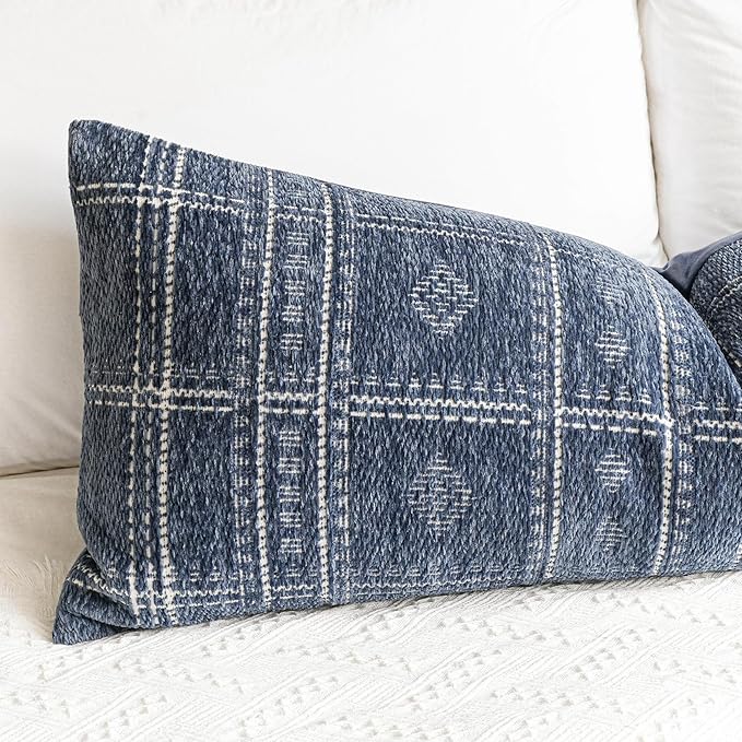 BlissBlush Decorative Lumbar Pillow Cover 14x36, Long Decorative Throw Pillow for Bed, Blue Boho Textured Chenille Accent Pillowcase for Bedroom Home Décor (Cover Only)