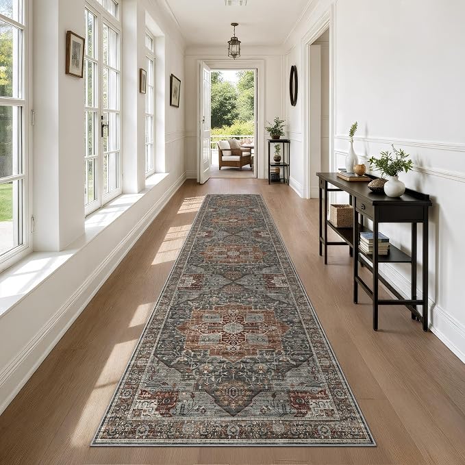 Roxstand Washable 2.6x10 Hallway Runner Rug, Grey/Brown/Tan | Low-Pile Carpet, Non-slip Backing,10ft Runner, Stain Resistant, Runner for Kitchen, Laundry Room, Entryway, Vintage Design