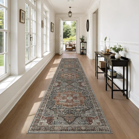 Roxstand Washable 2.6x10 Hallway Runner Rug, Grey/Brown/Tan | Low-Pile Carpet, Non-slip Backing,10ft Runner, Stain Resistant, Runner for Kitchen, Laundry Room, Entryway, Vintage Design