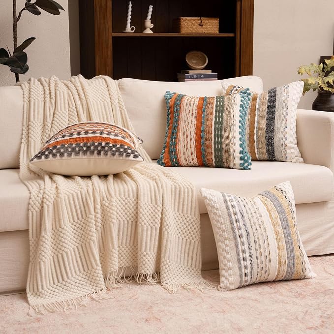 Boho Chenille Tufted Throw Pillow Covers 18x18 Inch Set of 2 Farmhouse Beige Woven Striped Decorative Pillowcases for Couch Sofa Bed