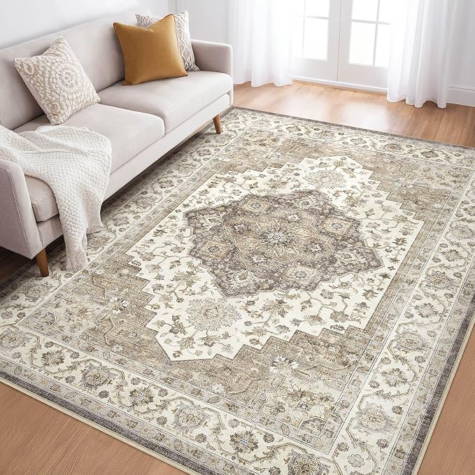 6x8 Area Rug Living Room: Washable Boho Large Neutral Vintage Soft Rug Stain Resistant Farmhouse Non-Slip Indoor Floor Carpet for Bedroom Nursery Kids Playroom Office Dining Room Home- Brown Beige