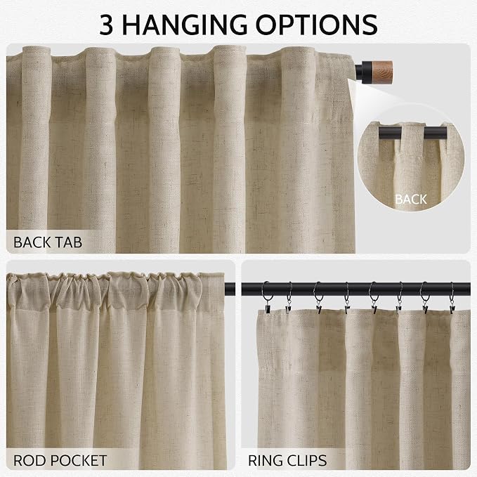 Eggshell Beige Linen 144 Inch Curtains for Living Room Light Filtering Semi Sheer Curtain Back Tab Rustic Farmhouse Decor Burlap Elegant Drapes Floor to Ceiling High Window for Bedroom 52x144,2 Panels