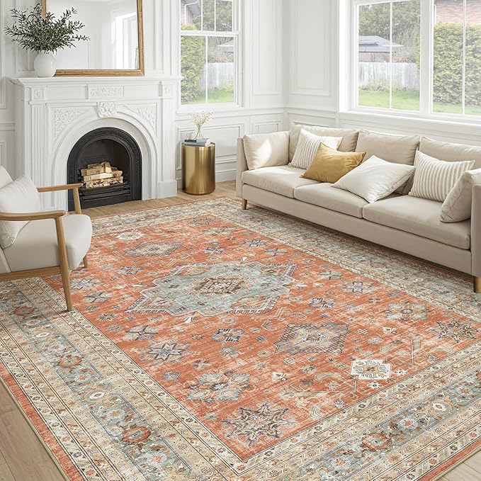 Vintage Living Room Area Rug 8x10 - Large Soft Washable Oriental Traditional Distressed Farmhouse Rugs for Bedroom - Indoor Floor Accent Carpet for Home Office House Decor - Orange