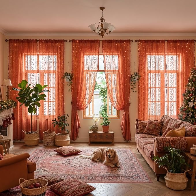 WAZZIO Boho Lace Curtains 105 Inch 2 Panels-Vintage Sheer Panel Drape Floral Pattern & Tassel Light Filtering Privacy for Bedroom Dining Living Room,Cottage Earthy Full Decor Terracotta,W52 x 105L