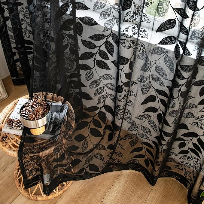 Treatmentex Black Lace Sheer Curtains for Bedroom Living Room 95 Inch Length Light Filtering Leaf Knitted Semi Sheer Window Curtains Elegant French Lace Curtains 54" w Pocket 8ft