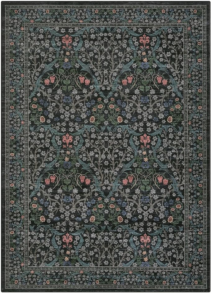 GarveeHome Floral Area Rugs 5x7, Washable Rug for Living Room, Bedroom, Low Pile Non Slip Stain Resistance Indoor Boho Carpet Mat for Farmhouse, Dining Room, Office,Dark Black