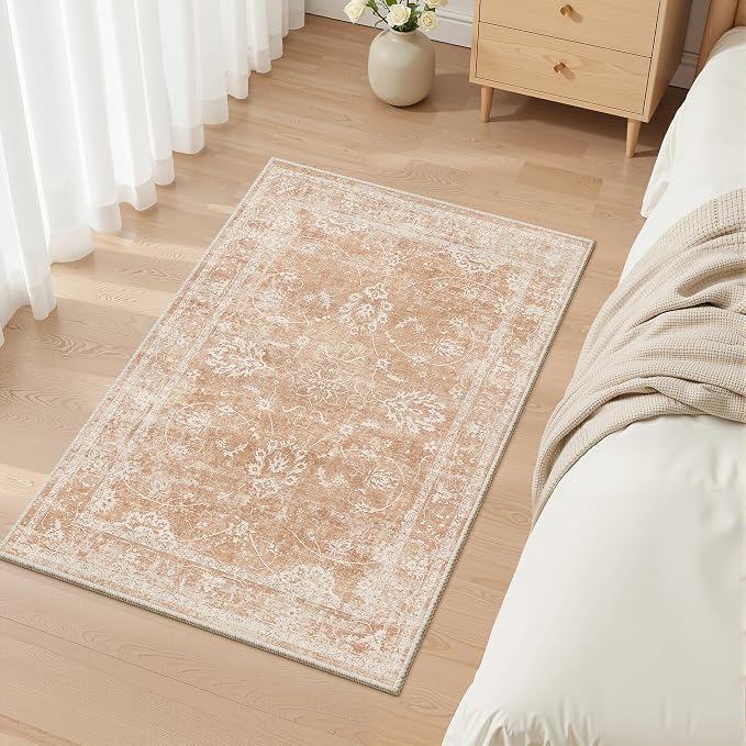Madane 2x3 Washable Rugs for Entryway, Low Pile Non-Slip Small Area Rug Kitchen Door Mat, Vintage Soft Throw Neutral Rug Floor Mat for Indoor Front Entrance Bathroom Hallway (2 x 3, Jasper Orange)