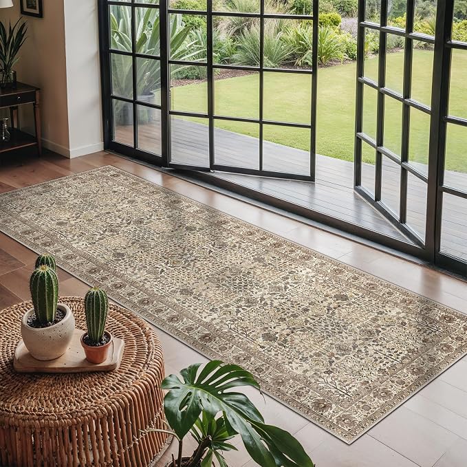 Bavni 2x10 Rug Runners for Hallways, Washable Runner Rug Non Slip,Vintage Floral Print Style Rugs for Bedroom-Lightweight Low Pile Carpet for Hallways Bathroom, Dark Espresso
