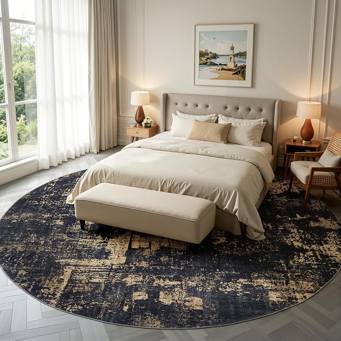 Sasttie 8ft Soft Round Area Rug, Modern Abstract Washable Large Circle Carpet for Living Room, Bedroom, Dining Room Table, with Non-Slip Backing, Black and Gold
