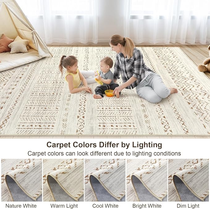 cotiled 8x10 Area Rugs Living Room Rug: Washable Boho Rugs with Non Slip Backing Large Soft Indoor Stain Resistant Carpet for Bedroom Farmhouse Dining Room Lightweight Home Decor Brown/Cream