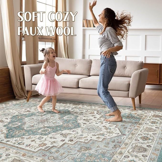 6x8 Area Rug Living Room: Washable Boho Large Neutral Vintage Soft Rug Stain Resistant Farmhouse Non-Slip Indoor Floor Carpet for Bedroom Nursery Kids Playroom Office Dining Room Home- Teal Brown