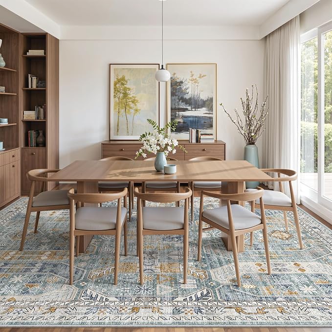 befbee Washable Rug 8x10 Area Rugs for Living Room - Stain Resistant Non-Slip Backing Rugs for Bedroom - Vintage Large Area Rug (Blue/Gold, 8'x10')