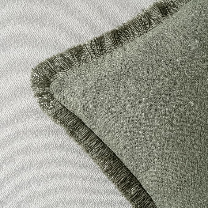 MIULEE Decorative Throw Pillow Covers Neutral Linen Fringe Throw Pillows Euro Shams Set of 2 Light Olive Green Boho Farmhouse Cushions for Couch Sofa Bed Living Room Spring Home Decor 28x28 Inch