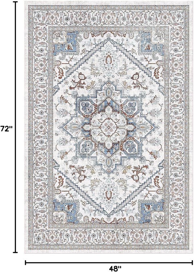 OPPODREAM Soft Neutral Area Rugs 4x6, Low-Pile Washable Rugs 4x6 with Non Slip Backing, Faux Cashmere 4 x 6 Throw Carpet, Cream White & Blue & Light Brown