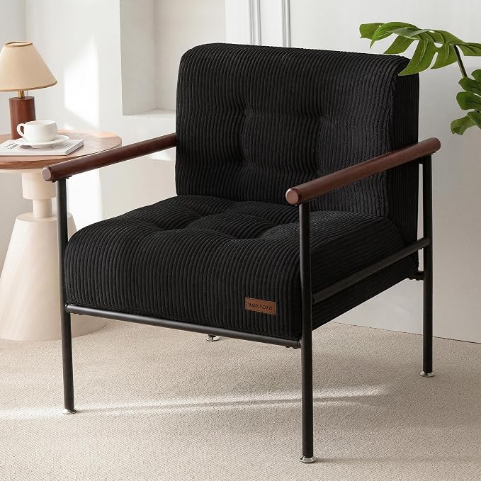 MAXYOYO Living Room Accent Chair, Modern Chair with Metal Frame | Upholstered Reading Chair Modern Living Room Chair with Support Cushion for Bedroom Balcony Porch, Black