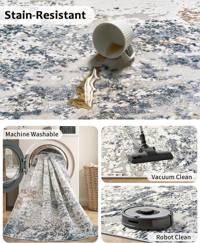 Art&Tuft Washable Rugs 8x10, Anti-Slip Backing Abstract 8x10 Area Rugs, Stain Resistant Rugs for Living Room, Foldable Machine Washable Area Rug (8'x10', Blue)