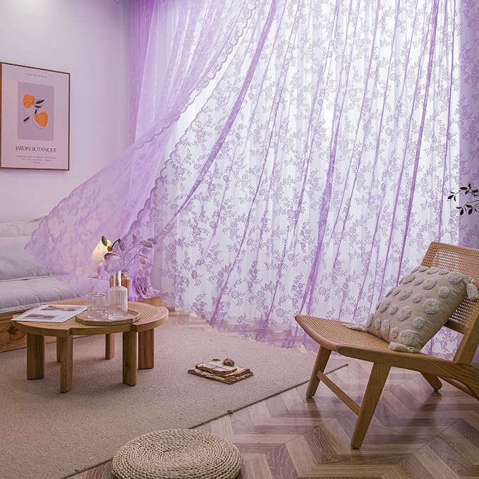 Sutuo Home Lace Curtains 2 Panels Set, Purple Sheer 96 Inch Long Window Floral Vintage Voile Window Panel Treatment for Bedroom/Living Room/Kitchen, Decor Rod Pocket W57 x L96
