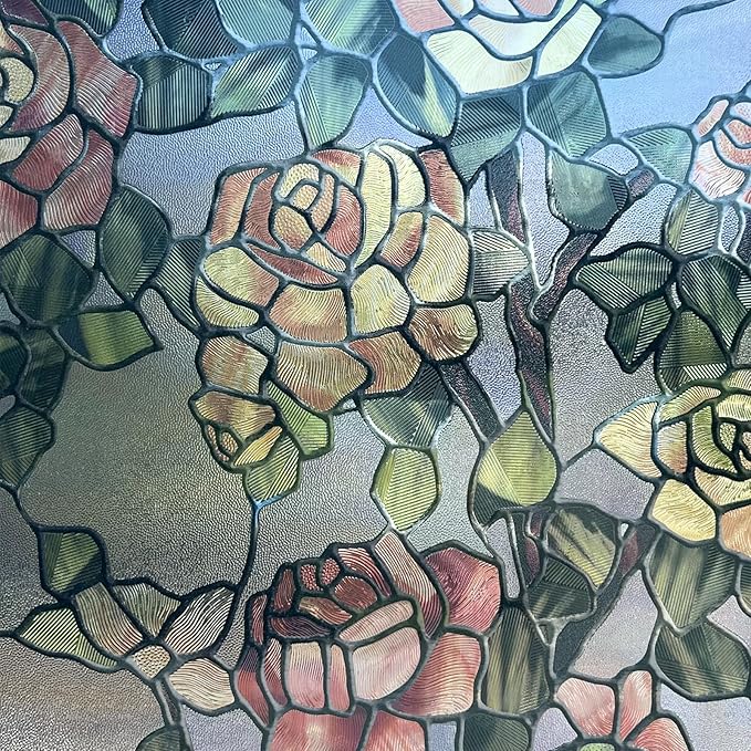 ADD.HERES Stained Glass Window Film, 3D Decorative Window Privacy Film for Bathroom,Front Door,Home, Sun Blocking Heat Control,Static Cling, The Beast's Rose 17.3inch x 47.2inch