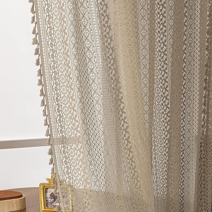 WAZZIO Boho Lace Curtains 63 Inches 2 Panel,Light Filtering Privacy Tassel & Geometry Crochet Semi Sheer Curtain Drapes for Bedroom Living Dining Room,Rod Pocket & Tassel,Earthy Color Taupe