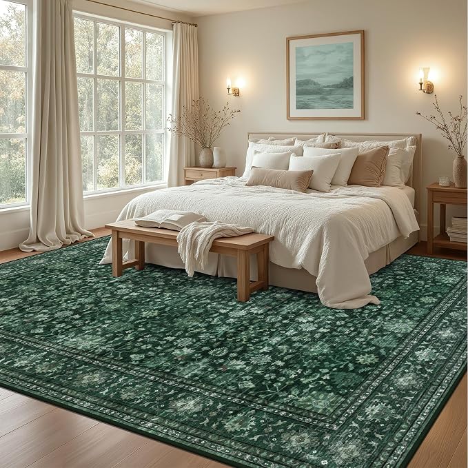 8x10 Area Rugs for Living Room: Washable Rug Soft Vintage Distressed Floral Carpet Indoor Non-Slip Stain Resistant Large Carpets for Bedroom Dining Room Farmhouse Nursery Home Office Deep Green
