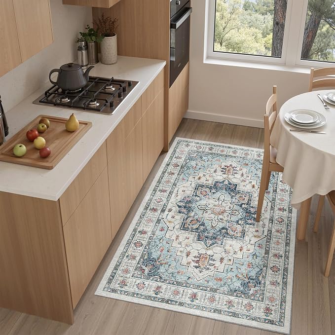 Madane Washable Entry Rug 3x4 Area Rugs for Entryway Kitchen, Blue | Vintage Printed Door Mat Indoor Entrance, Low-Pile Floor Carpet Runner for Inside Front Bedroom Kitchen Entry Laundry, Stair