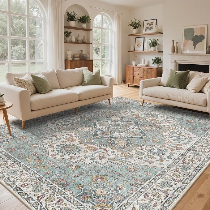 GENIMO 5x7 Area Rugs for Living Room, Machine Washable Non Slip Rugs, Low Pile Lightweight Print Rug for Bedroom, Dining Room, Home Office, Vintage White/Teal