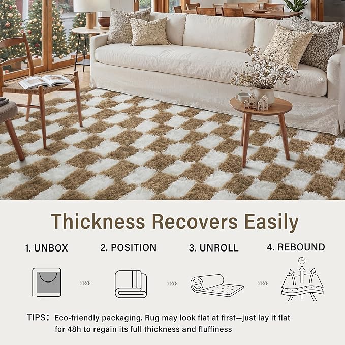 PureCozy 4x6 Area Rugs for Kids Room Brown Soft Shag Checkered Rug Modern Washable Indoor Office Fuzzy Carpet Non-Slip Fluffy Rugs for Bedroom Nursery Dorm Playroom Home Aesthetic Decor