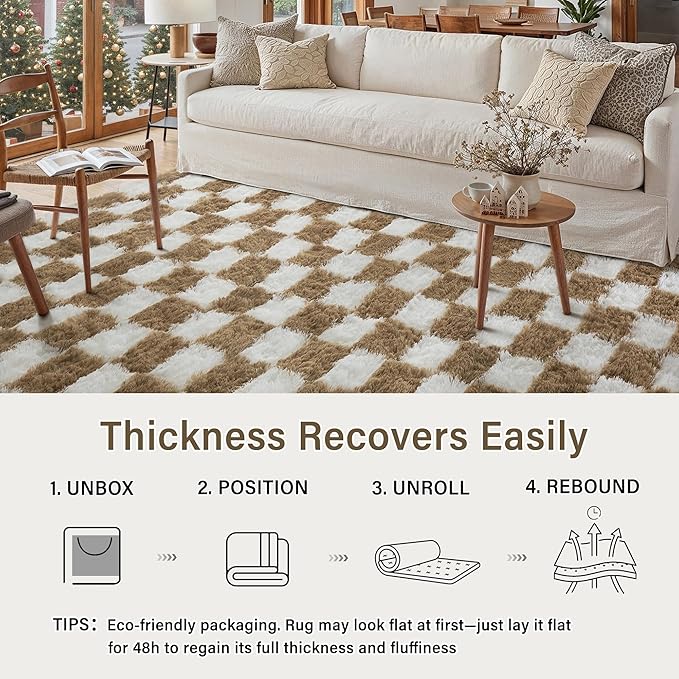 PureCozy 6x9 Area Rugs for Living Room Brown Soft Shag Checkered Large Rug Modern Washable Indoor Office Fuzzy Carpet Non-Slip Fluffy Rugs for Bedroom Nursery Dorm Playroom Home Aesthetic Decor
