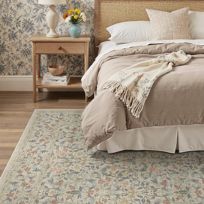 GENIMO 5x7 Washable Area Rugs for Living Room, Non Slip, Beige Blue | Vintage Boho Floral Low Pile Thin Carpet for Bedroom, Dining Room, Nursery, Indoor Decor