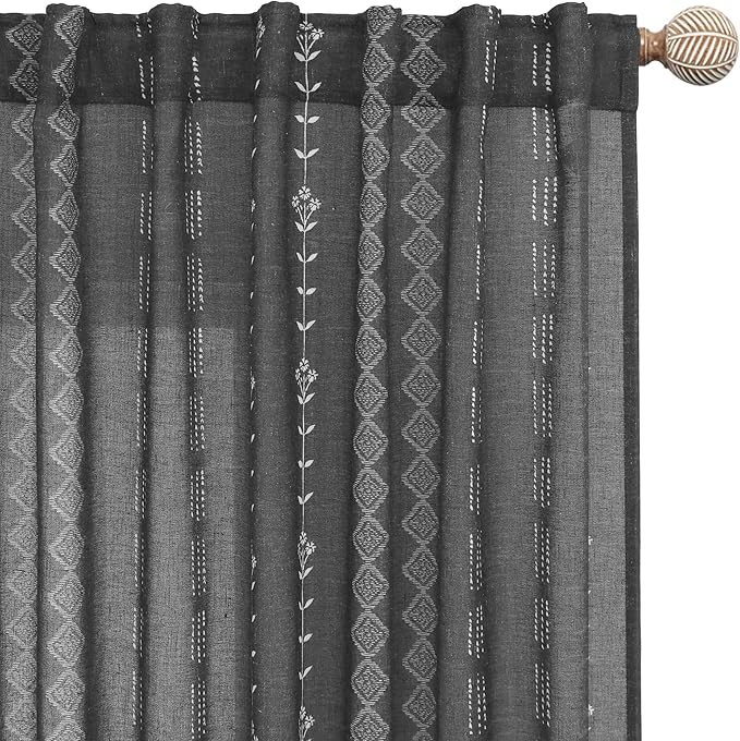 Black Sheer Curtains Linen Dark Floral Print Modern Vintage Witchy Gothic Curtains for Bedroom Living Room 96 Inches Long