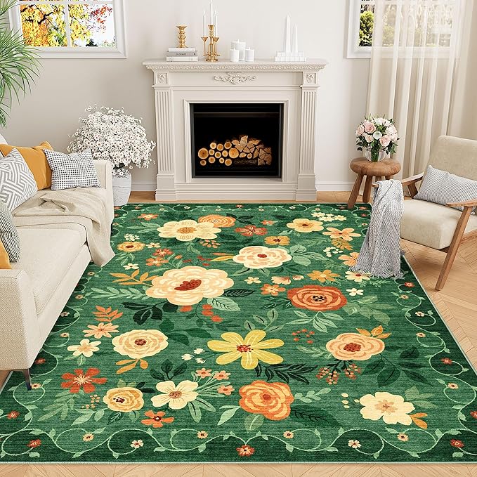 DUKINO 5x7 Area Rug, Floral Rugs for Living Room, Lightweight Non Slip Washable Rug, Indoor Low Pile & Non-Shedding Boho Design Rugs for Bedroom, Playroom, Dining Room, Dark Green