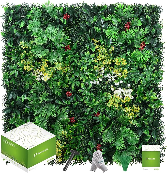 fanado Artificial Grass Wall Panels, 12 Pack 20"x20" UV-Anti Greenery Boxwood Panels, Privacy Green Wall Decor, Plant Hedge Fence Screen for Indoor Home Wedding Decor and Outdoor Backyard