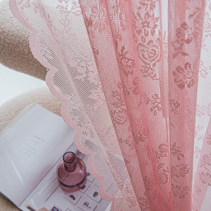 Sutuo Home Pink Lace Curtains 63 Inches Length 2 Panels Set, Blush Sheer Window Floral Vintage Voile Window Panel Treatment for Girls Bedroom/Living Room/Kitchen, Decor Rod Pocket W57 x L63
