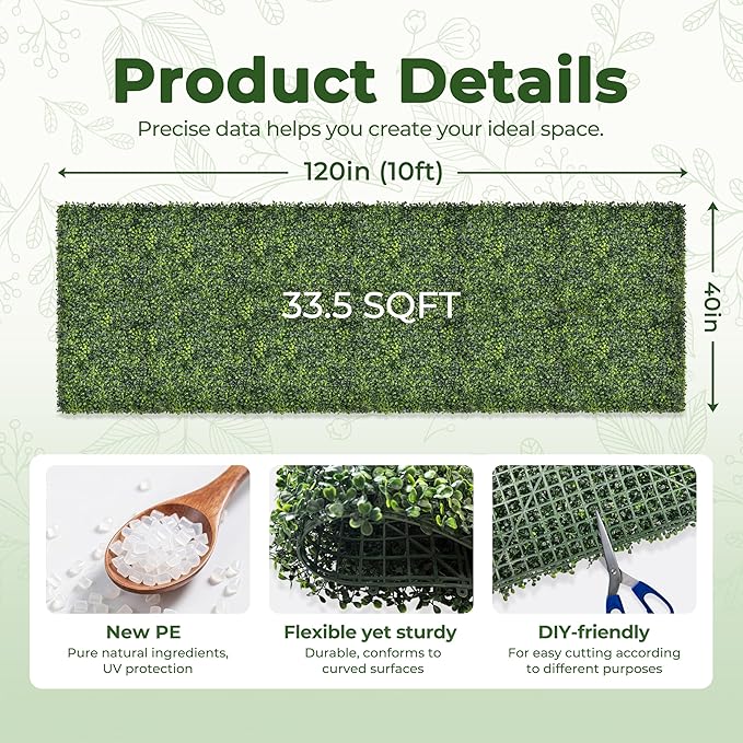 Artificial 40x120 in (33.5 Sqft) Boxwood Grass Wall Backdrop Roll | UV-Anti Greenery Faux Ivy Hedge Leaf Panels, Privacy Screen, Indoor/Outdoor Green Wall Decor, Patio/Garden Fence Covering