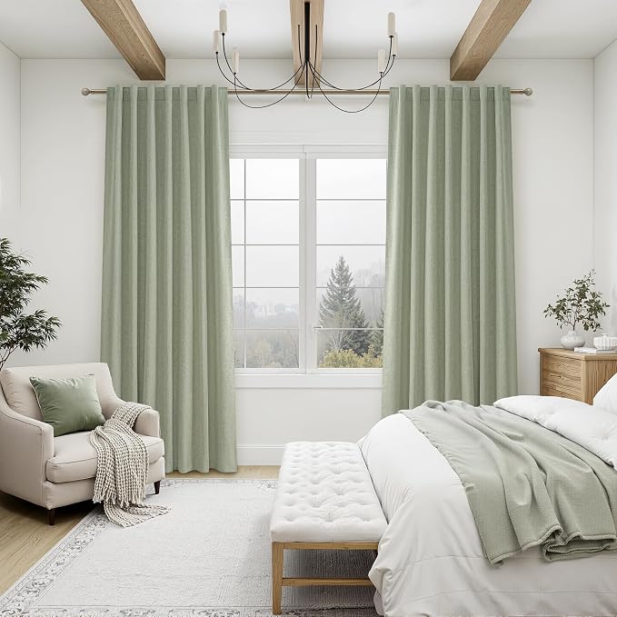 Sage Green Blackout Linen Curtains 84 Inches Long for Living Room Bedroom, Pleated Window Track Curtain with Pin Hooks Belt Boho Light Green Drapes Thermal Insulated (50"Wx84"Lx2Panels) Back Tab