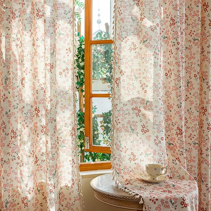 OYX Boho Floral Curtains with Tassels, Light Filtering Linen Curtains, Rod Pocket Farmhouse Flower Print Window Drapes for Bedroom Living Room, 2 Panels, 52’’W X84’’L