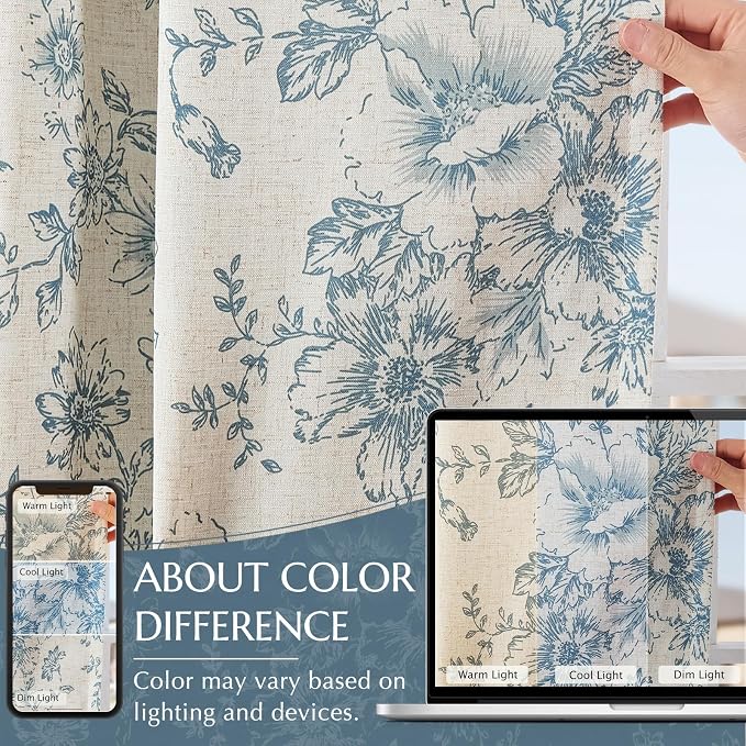 jinchan Linen Floral Tier Curtains 45 Inch Farmhouse Botanic Cafe Curtains Light Filtering Drapes for Small Windows Back Tab Half Window for Kitchen Living Room Bathroom 2 Panels Blue