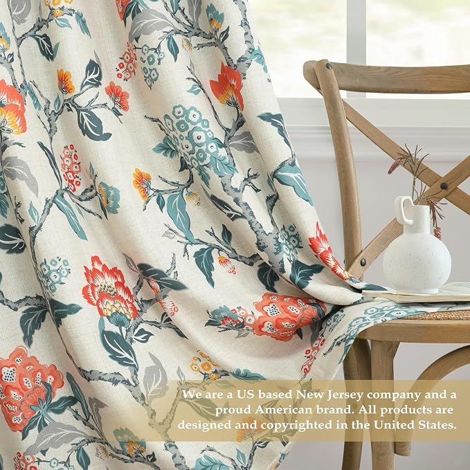 DriftAway Ada Floral Botanical Print Flower Leaf Lined Thermal Insulated Room Darkening Blackout Window Curtains 2 Layers Set of 2 Panels Each 52 Inch by 90 Inch Orange Teal Beige Linen