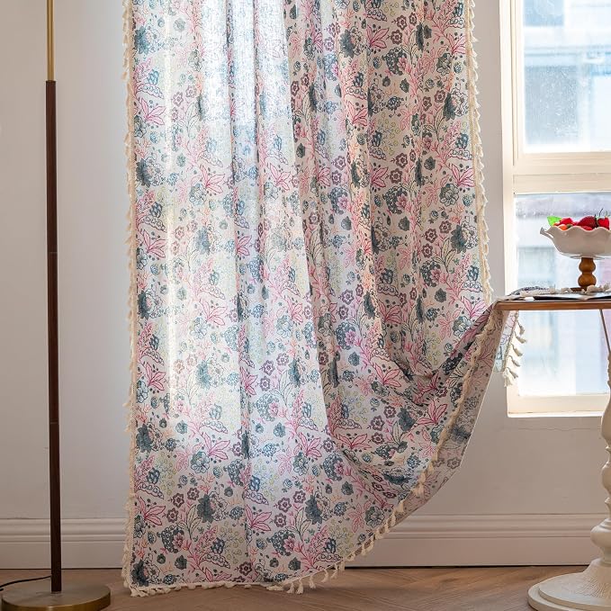 OYX Floral Curtains 84 Inch Length 2 Panels for Living Room, Bedroom Light Filtering Drapes, Farmhouse Vintage Country French Rustic Tassels Pattern Rod Pocket Aesthetic Decor Window Treatments