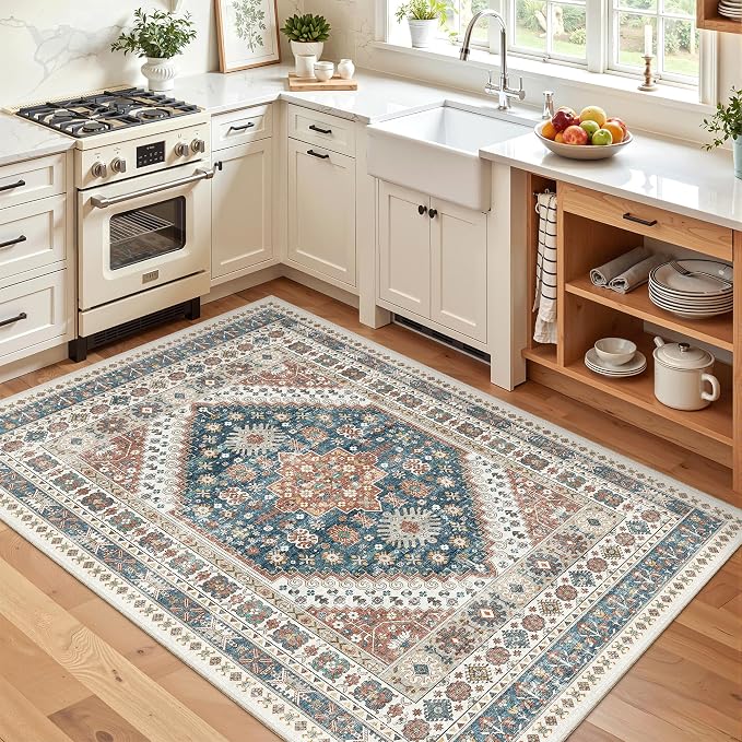 Madane Area Rug 3x5, Washable Vintage Entry Rugs for Bedroom, Navy Blue | Vintage Entryway Bedroom Non Slip Door Mat Indoor Entrance, Kitchen Runner Living Room Laundry Playroom Soft Floor Carpets