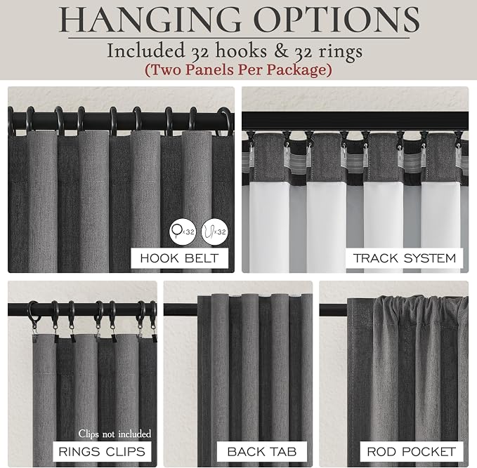 102 Inch Long Dark Gray Blackout Curtains for Bedroom 2 Panels Set, Natural Linen Pleated Floor to Ceiling Thermal Drapes Hooks Rings Back Tab Textured Window Drapes Decor Charcoal Grey(50"Wx102"L)