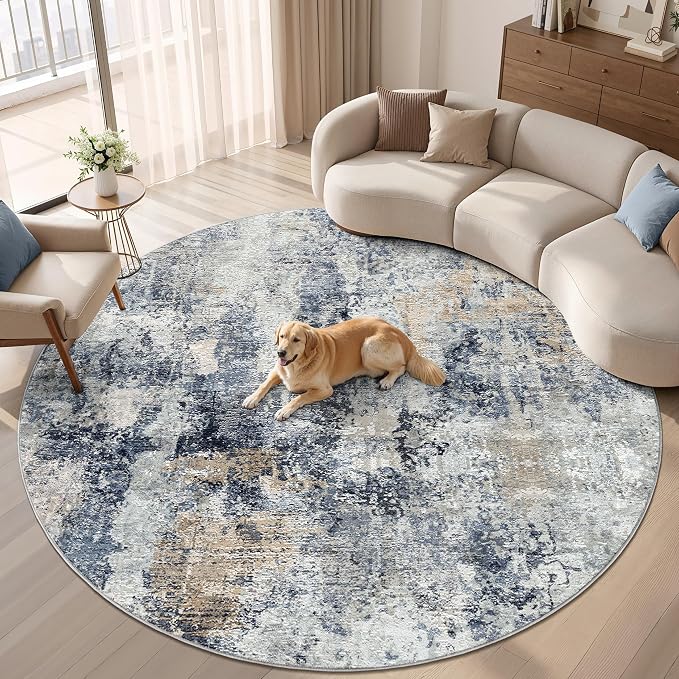 WITSHOCK Area Rugs 8ft Round Living Room Rug - Washable Neutral Soft Low Pile Non-Slip Modern Abstract Thin Large Indoor Carpet for Bedroom Dining Room Nursery Office - Dark Blue Brown