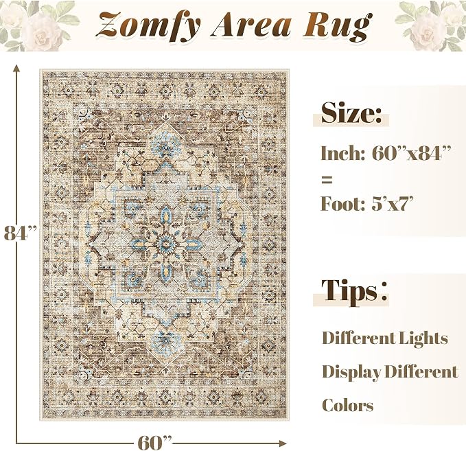 Area Rug 5x7 Vintage Rug: Washable Indoor Medallion Rugs Low Pile Distressed Floor Carpet Retro Accent Rug for Living Room Bedroom Kitchen Dining Table Home Office(Brown/Blue, 5'x7')