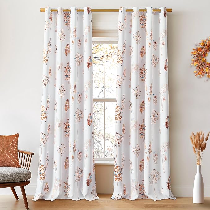 XTMYI Terracotta Orange and Blue Boho Blackout Curtains, Multicolor Watercolor Floral Print, Spring Bright Botanical Drapes for Bedroom Living Room