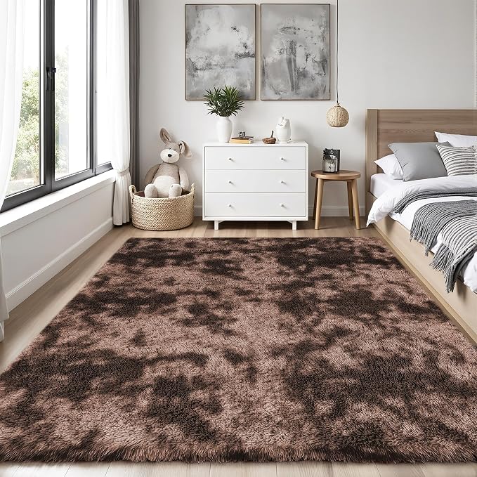 Area Rug for Living Room Bedroom: 6x9 Soft Fluffy Shag Upgrade Non-Slip High Pile Carpet Large Fuzzy Plush Indoor Floor Decor Shaggy Coffe Tie-Dyed Rug for Kid Boys Girls Playroom Nursery Modern Home