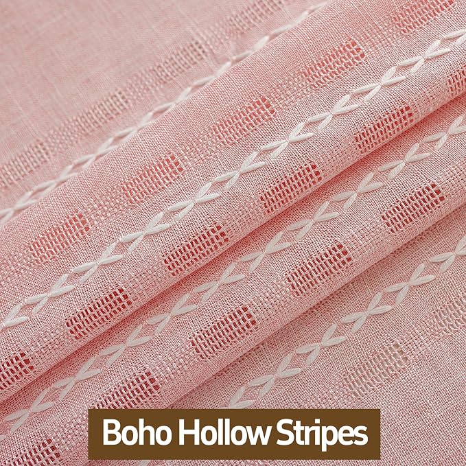 Pink Boho Semi Sheer Curtains 63 inch Length 2 Panel Set for Bedroom & Farmhouse, Bohemian Light Filtering Privacy Drapes Beige Tassels Shabby Chic Embroidery Window Curtains Back Tab & Rod pocket