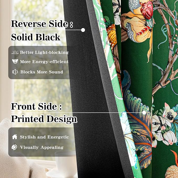 MYSKY HOME Green Floral Blackout Curtains 90 Inch Long Bedroom Black Out Thermal Insulated Noise Reducing Drapes Flower Printed Cottagecore Style Grommet Window Treatment Living Room, Pack-2
