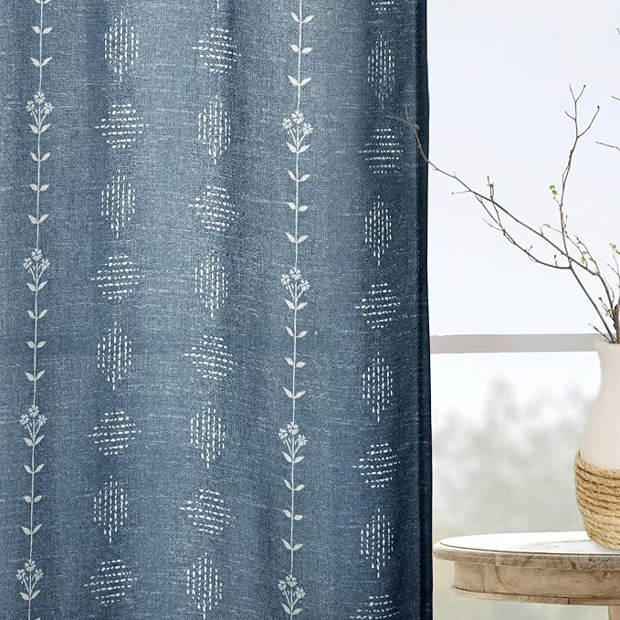 Vintage Washed Navy Blue Boho Farmhouse Linen Curtains for Bedroom Living Room, Dark Denim Chambray Floral Sheer Patterned Western Navajo Distressed Curtains 84 Inch Length