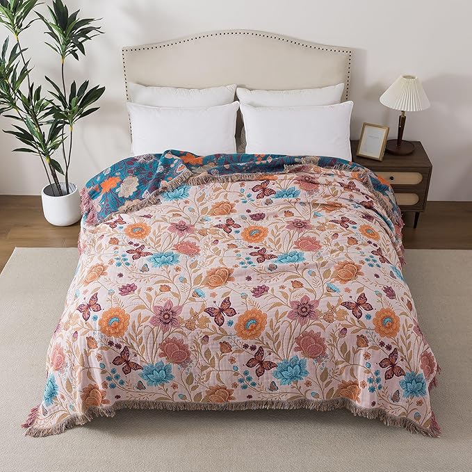Phuryllic Boho Throw Blanket Full Size, Soft Cozy Cotton Muslin Quilt Blanket for Bed Decor, Floral Patterned Couch Sofa Chair Cover, Vintage Farmhouse Cottage Tapestry Woven Blanket, Coral&Green